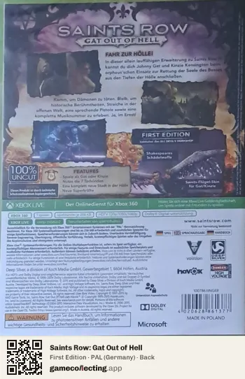 Saints Row: Gat Out of Hell Xbox 360, Germany box back