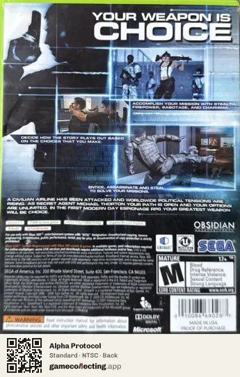 Alpha Protocol Xbox 360, NTSC box back
