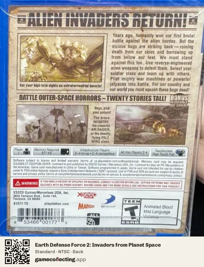 Earth Defense Force 2: Invaders from Planet Space PlayStation Vita, NTSC box back