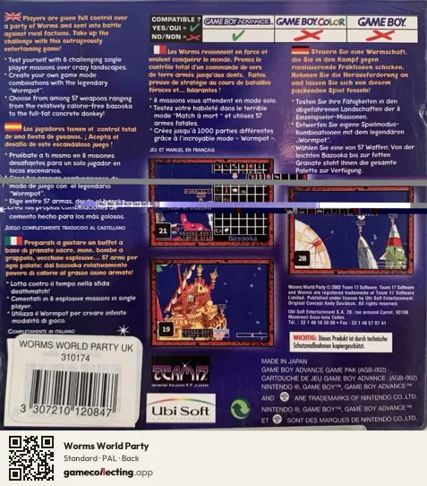 Worms World Party Game Boy Advance, PAL box back