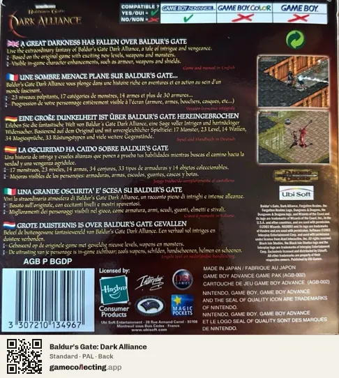 Baldur's Gate: Dark Alliance Game Boy Advance, PAL box back