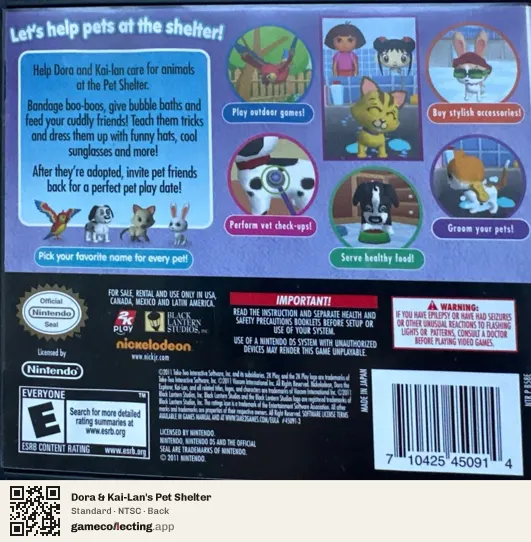 Dora & Kai-Lan's Pet Shelter Nintendo DS, NTSC box back