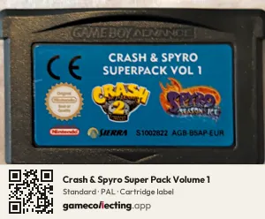 Crash & Spyro Super Pack Volume 1 Game Boy Advance, PAL cartridge label