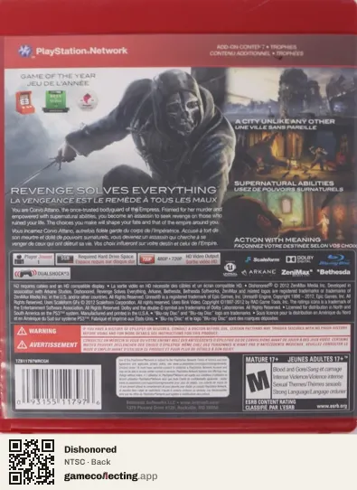 Dishonored PlayStation 3, NTSC box back