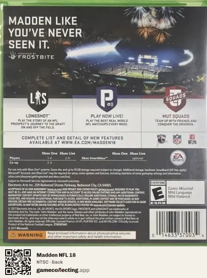 Madden NFL 18 Xbox One, NTSC box back