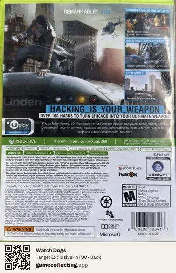 Watch Dogs Xbox 360, NTSC box back