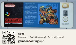 Gods Super Nintendo Entertainment System, PAL cartridge label
