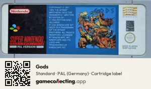 Gods Super Nintendo Entertainment System, PAL cartridge label