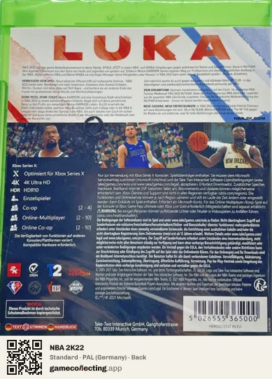 NBA 2K22 Xbox Series X, Germany box back