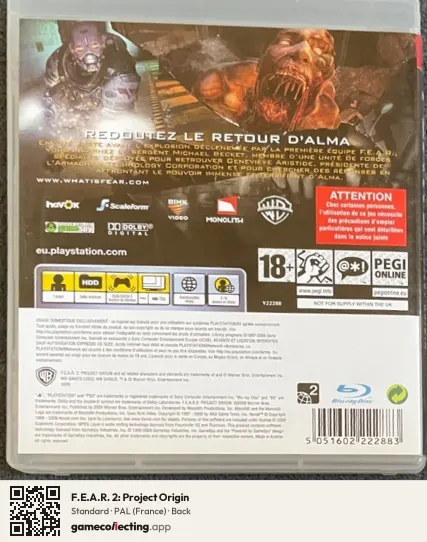 F.E.A.R. 2: Project Origin PlayStation 3, France box back