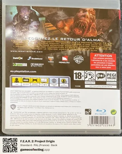 F.E.A.R. 2: Project Origin PlayStation 3, France box back