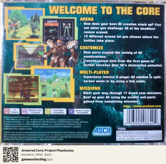 Armored Core: Project Phantasma PlayStation, NTSC box back
