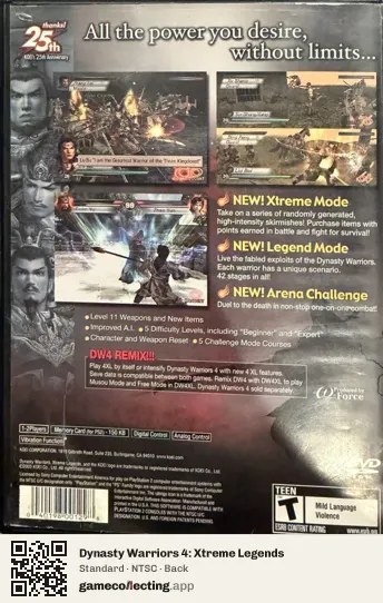 Dynasty Warriors 4: Xtreme Legends PlayStation 2, NTSC box back