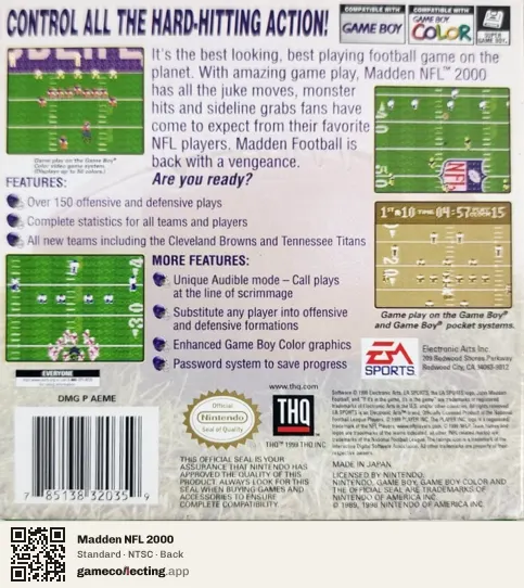Madden NFL 2000 Game Boy Color, NTSC box back