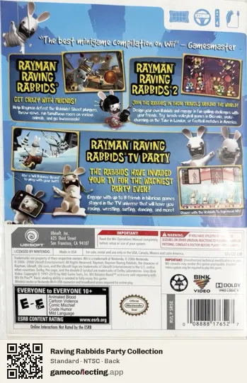 Raving Rabbids Party Collection Nintendo Wii, NTSC box back