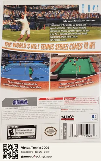 Virtua Tennis 2009 Nintendo Wii, NTSC box back