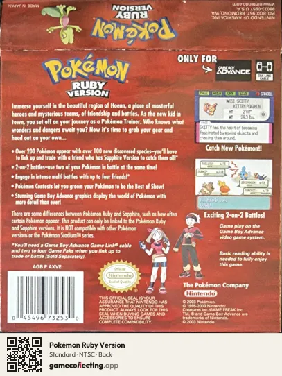 Pokémon Ruby Version Game Boy Advance, NTSC box back