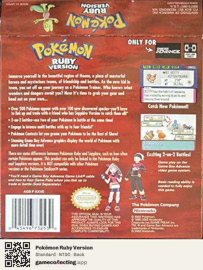 Pokémon Ruby Version Game Boy Advance, NTSC box back
