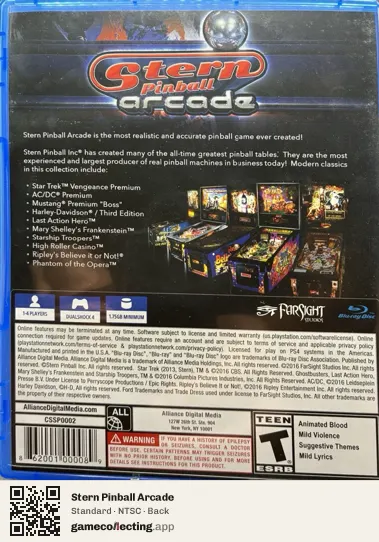 Stern Pinball Arcade PlayStation 4, NTSC box back