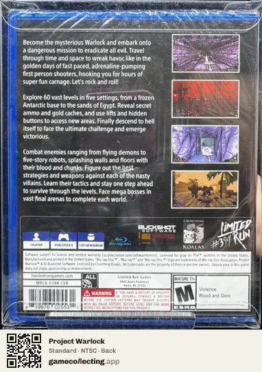 Project Warlock PlayStation 4, NTSC box back