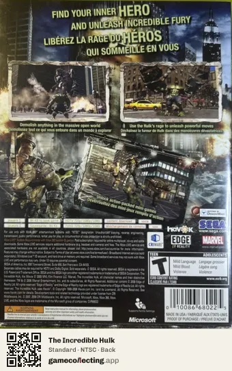 The Incredible Hulk Xbox 360, NTSC box back