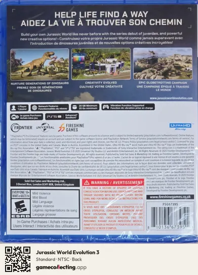 Jurassic World Evolution 3 PlayStation 5, NTSC box back