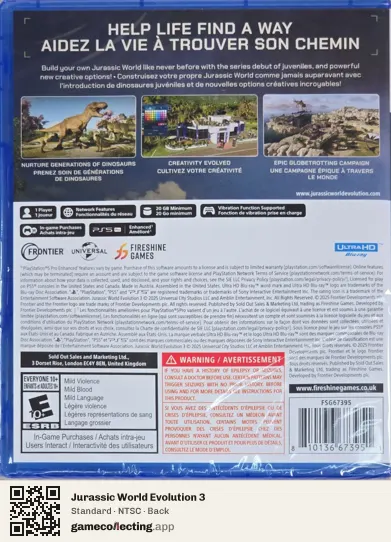 Jurassic World Evolution 3 PlayStation 5, NTSC box back