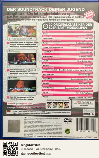 SingStar '80s PlayStation 2, Germany box back