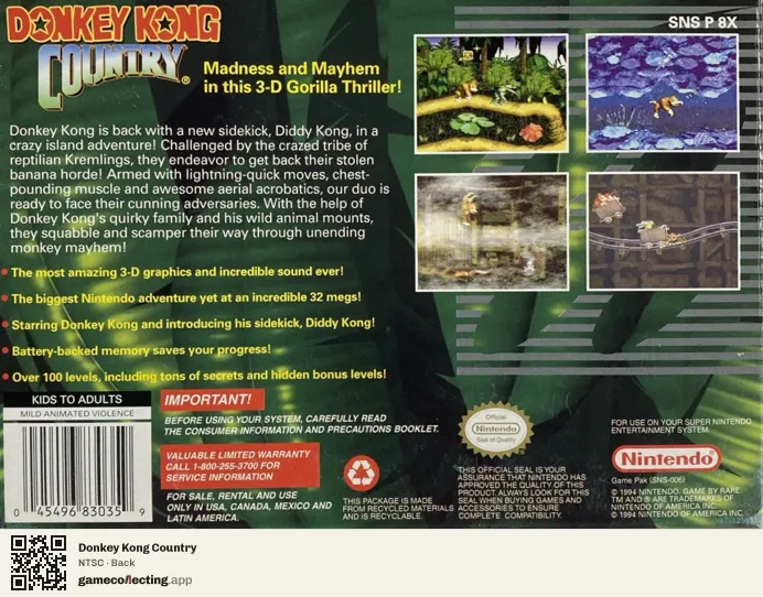 Donkey Kong Country Super Nintendo Entertainment System, NTSC box back