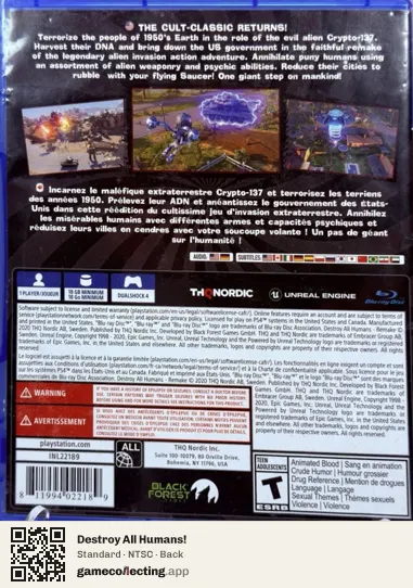 Destroy All Humans! PlayStation 4, NTSC box back