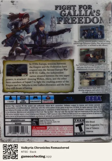 Valkyria Chronicles Remastered PlayStation 4, NTSC box back