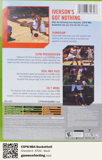ESPN NBA Basketball Xbox, NTSC box back