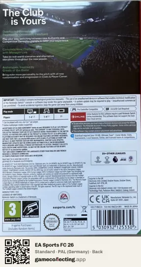 EA Sports FC 26 Nintendo Switch, Germany box back
