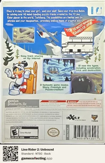 Line Rider 2: Unbound Nintendo Wii, NTSC box back