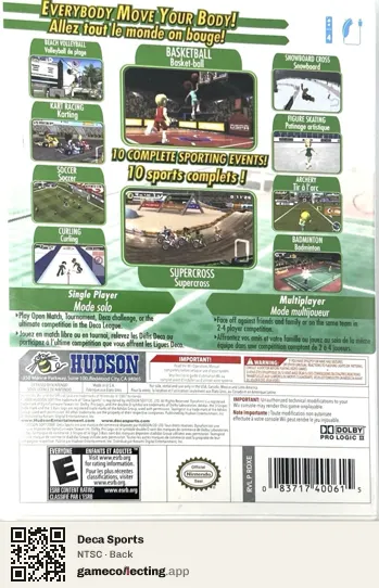 Deca Sports Nintendo Wii, NTSC box back