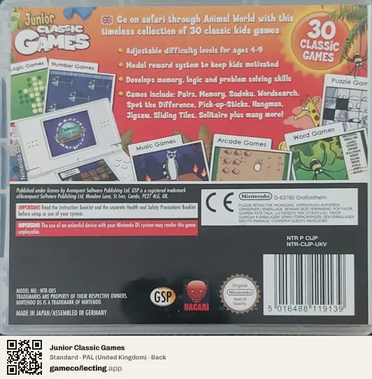 Junior Classic Games Nintendo DS, United Kingdom box back