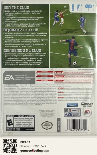 FIFA 13 Nintendo Wii, NTSC box back
