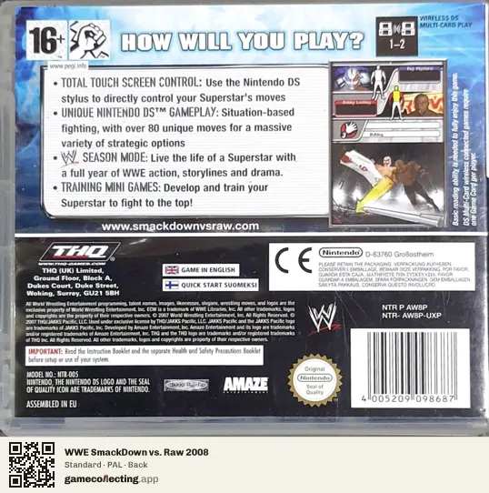 WWE SmackDown vs. Raw 2008 Nintendo DS, PAL box back
