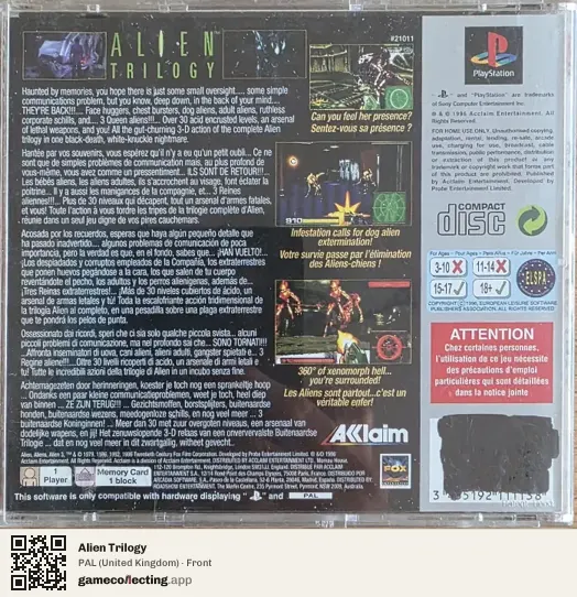 Alien Trilogy PlayStation, United Kingdom box front