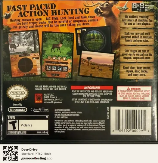Deer Drive Nintendo DS, NTSC box back