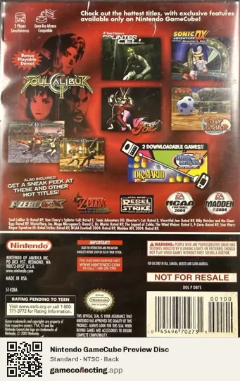 Nintendo GameCube Preview Disc Nintendo GameCube, NTSC box back