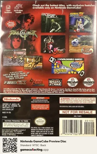 Nintendo GameCube Preview Disc Nintendo GameCube, NTSC box back