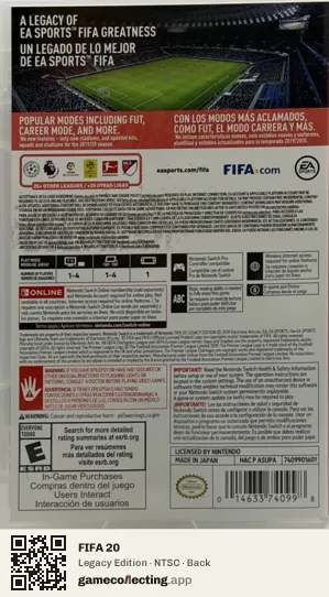 FIFA 20 Nintendo Switch, NTSC box back