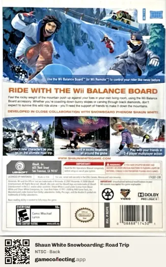 Shaun White Snowboarding: Road Trip Nintendo Wii, NTSC box back