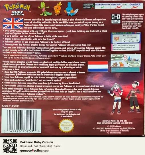 Pokémon Ruby Version Game Boy Advance, Australia box back