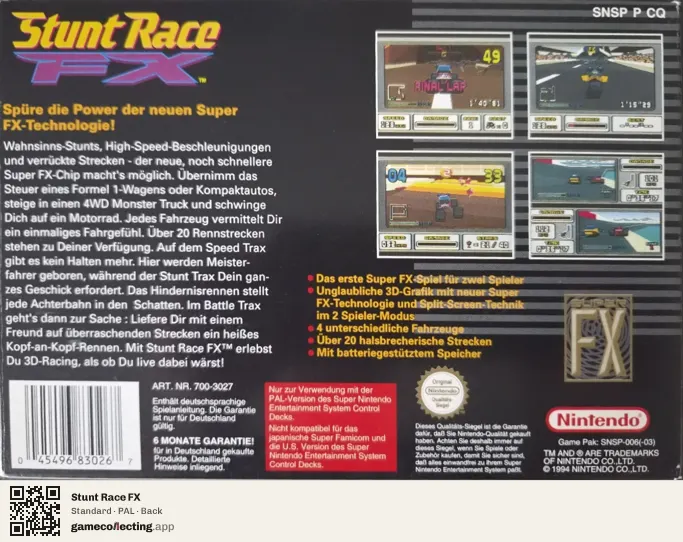 Stunt Race FX Super Nintendo Entertainment System, PAL box back