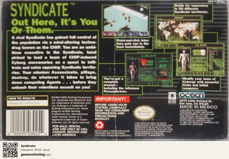 Syndicate Super Nintendo Entertainment System, NTSC box back