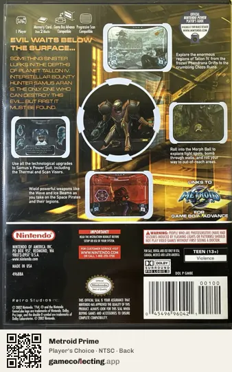 Metroid Prime Nintendo GameCube, NTSC box back