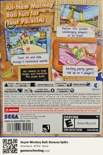 Super Monkey Ball: Banana Splitz PlayStation Vita, NTSC box back