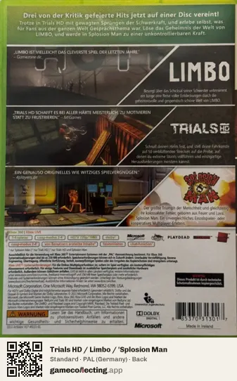 Trials HD / Limbo / 'Splosion Man Xbox 360, Germany box back